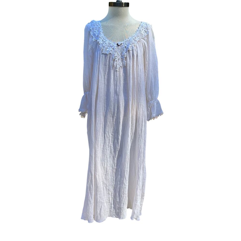 Vintage Priamo 100% Cotton Gauze Nightgown Maxi Romantic Lace Collar Cream Large